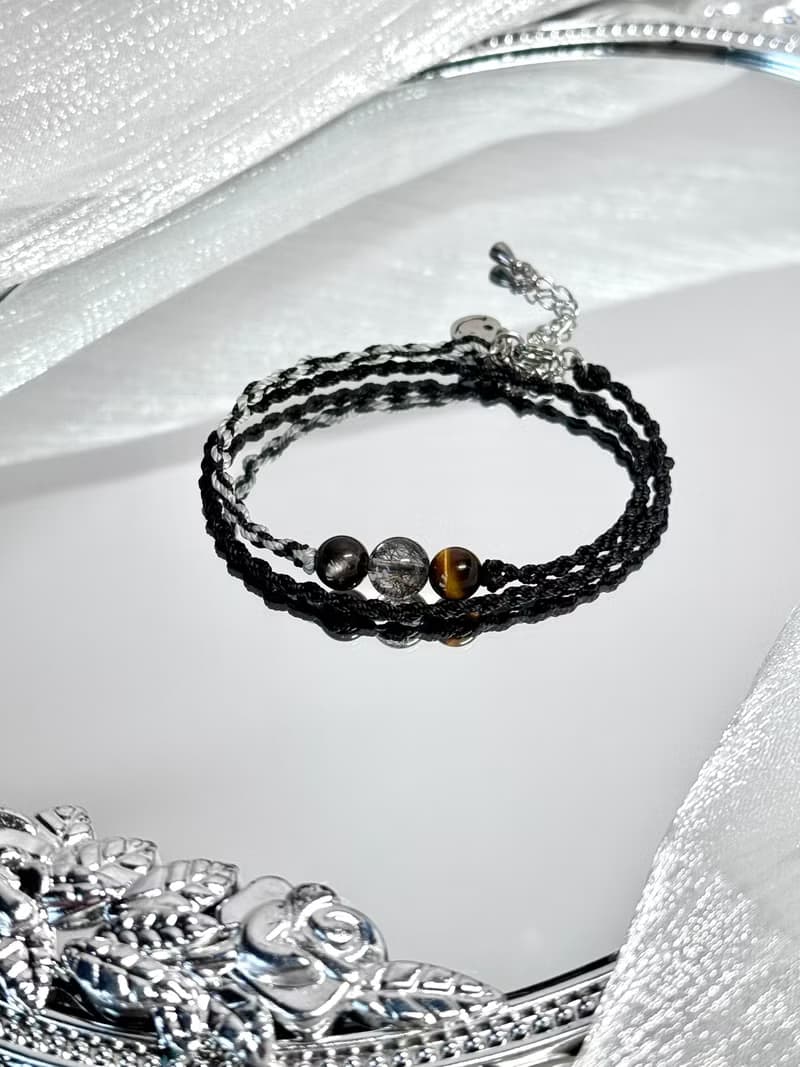 守護 - 醫療鋼/黃虎眼石/黑髮晶/銀曜石/雙圈蠟線祈願開運手鍊