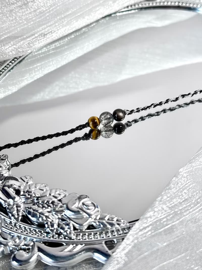 守護 - 醫療鋼/黃虎眼石/黑髮晶/銀曜石/雙圈蠟線祈願開運手鍊