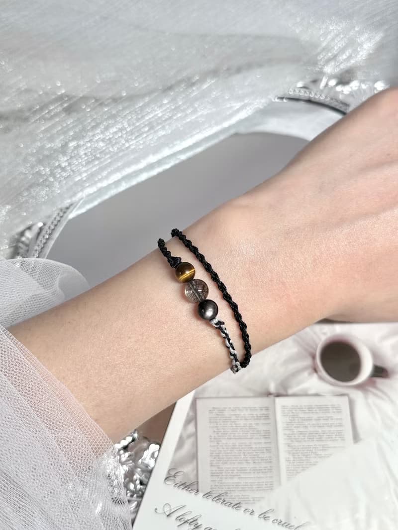 守護 - 醫療鋼/黃虎眼石/黑髮晶/銀曜石/雙圈蠟線祈願開運手鍊