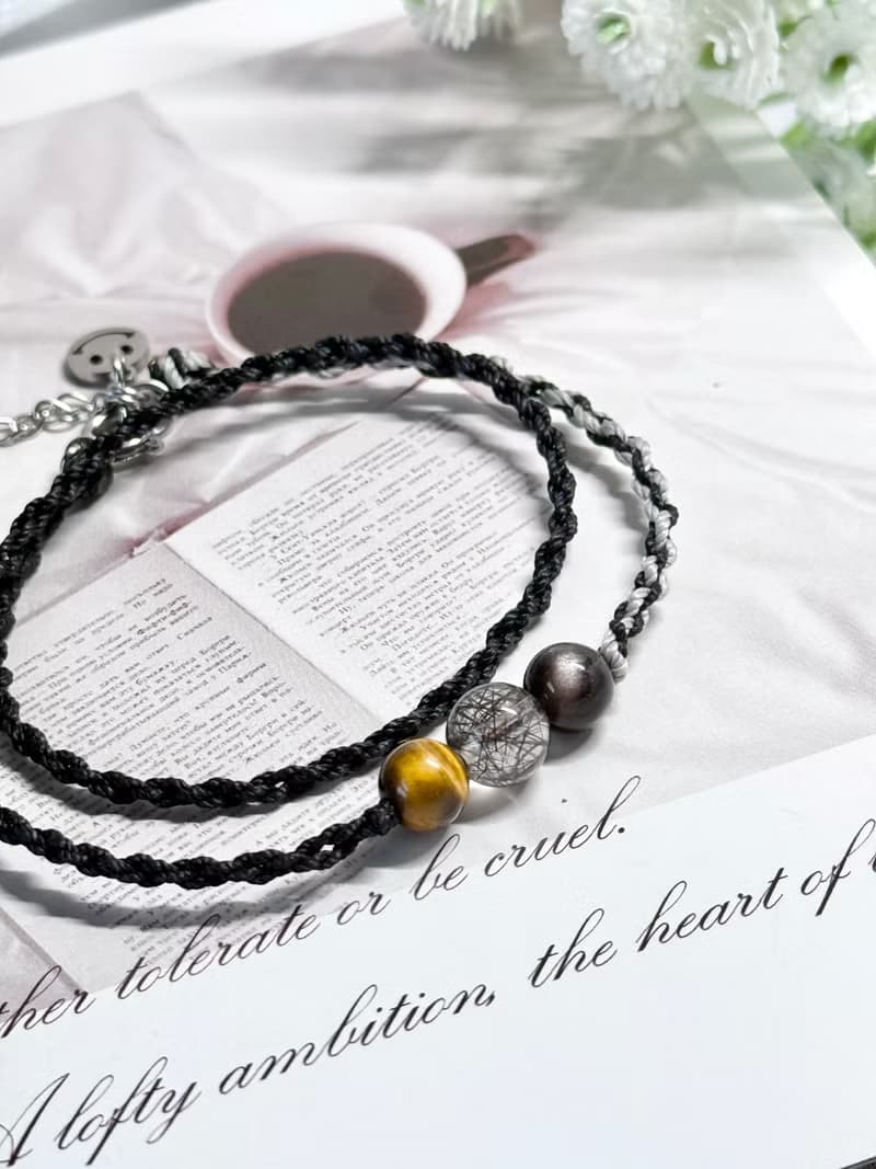 守護 - 醫療鋼/黃虎眼石/黑髮晶/銀曜石/雙圈蠟線祈願開運手鍊
