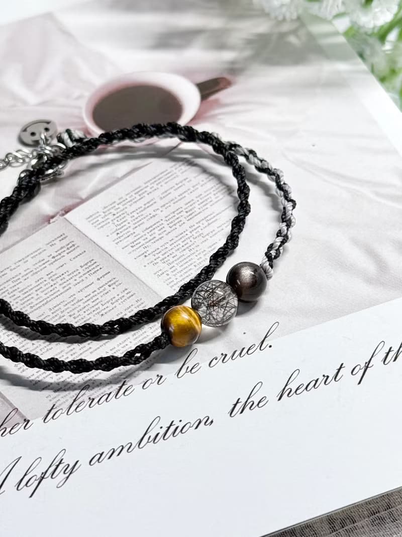 守護 - 醫療鋼/黃虎眼石/黑髮晶/銀曜石/雙圈蠟線祈願開運手鍊