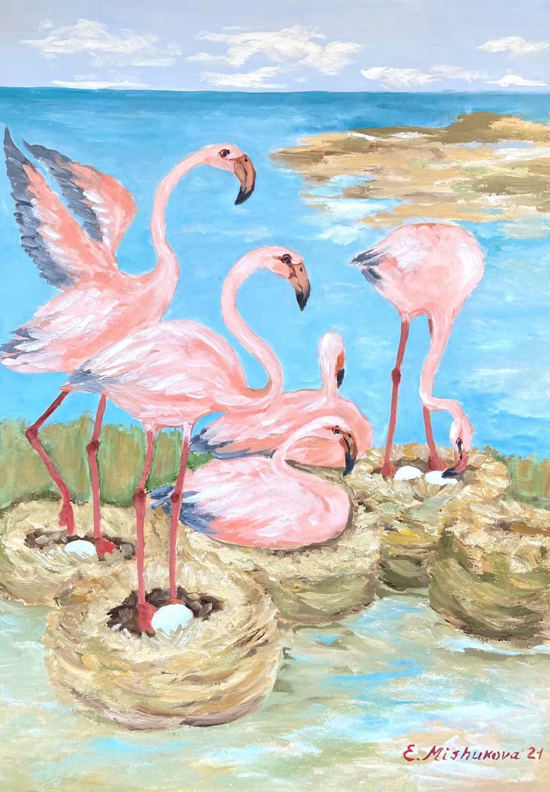粉紅色火烈鳥抽像海景畫鳥類繪畫原創藝術治愈圖片牆壁裝飾藝術
