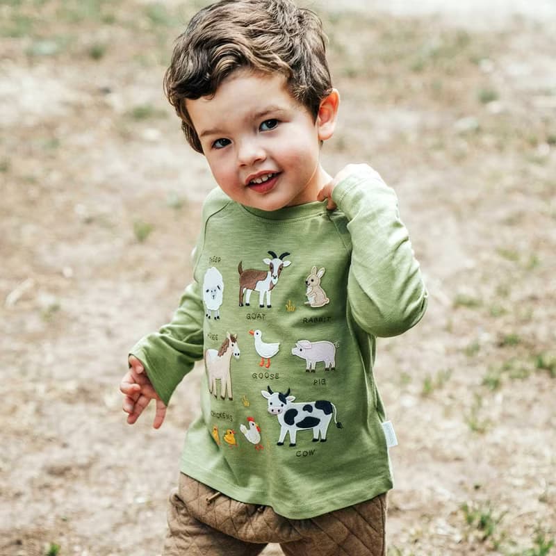 澳洲Purebaby有機棉男童裝長袖上衣12M~5T 棕櫚綠