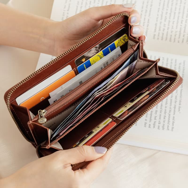 【真皮長夾】真皮ㄇ型拉鍊長夾/8卡拉鍊零錢袋女長夾/長錢包