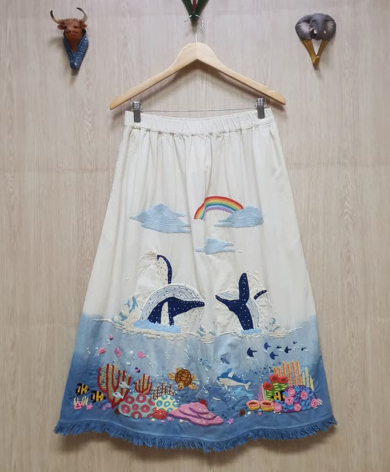 手繡裙 棉布 花卉 兔子 蘑菇 雲朵 彩虹