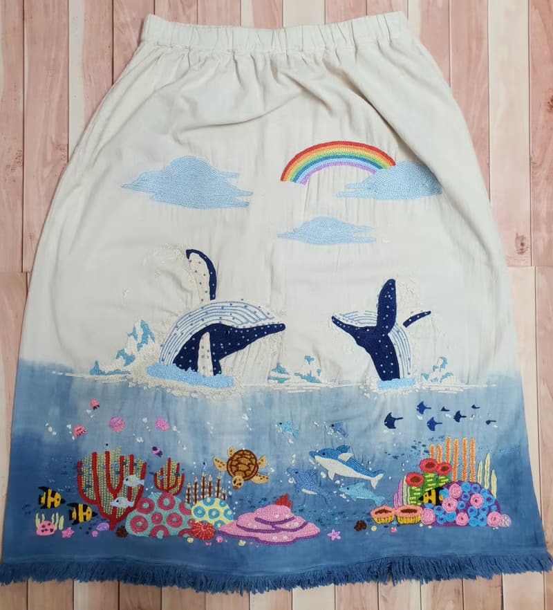 手繡裙 棉布 花卉 兔子 蘑菇 雲朵 彩虹