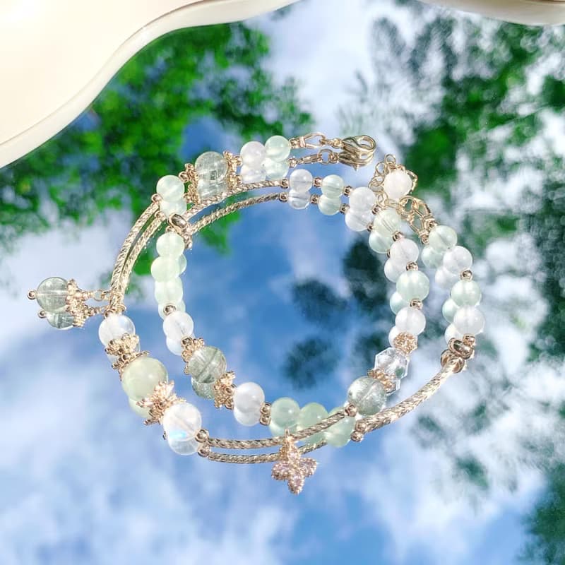 綠幽靈葡萄石月光石鑽切白水晶 14K包金雙圈手鍊