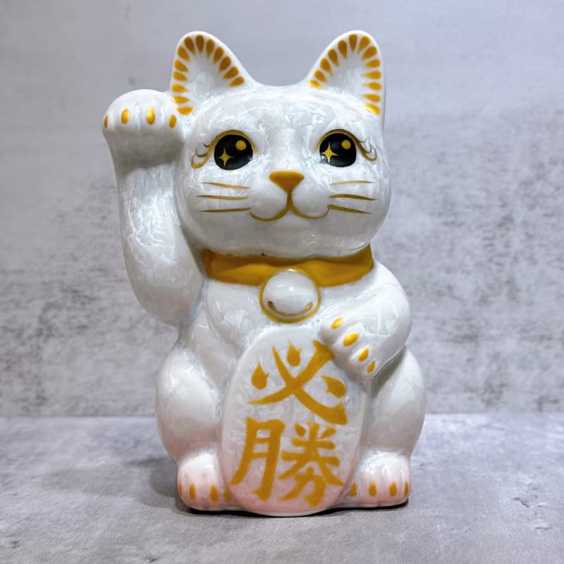 【晶彩必勝】日本清水燒招財貓 | 花結晶 桃白 必勝 右