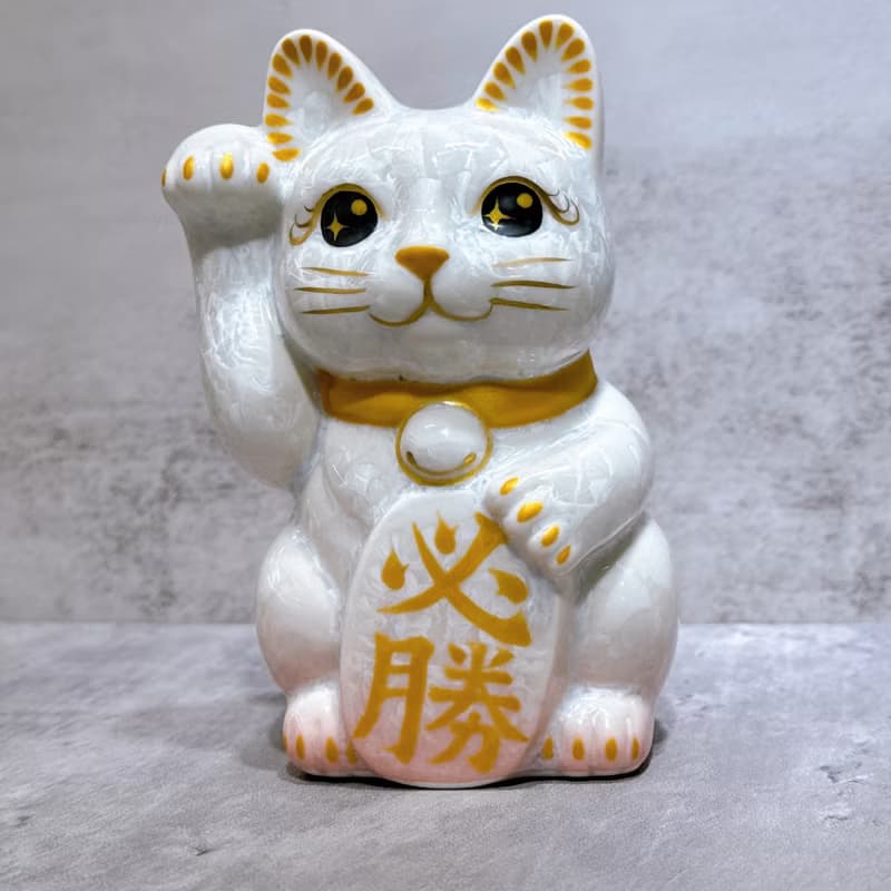 【晶彩必勝】日本清水燒招財貓 | 花結晶 桃白 必勝 右