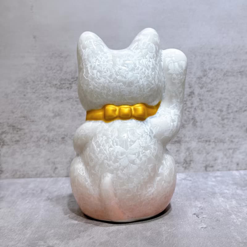 【晶彩必勝】日本清水燒招財貓 | 花結晶 桃白 必勝 右