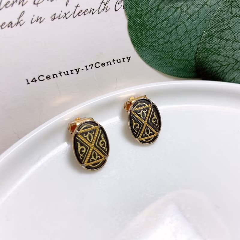 【西洋古董飾品】西班牙大馬士革24K金工藝 雅緻雕花耳環耳夾