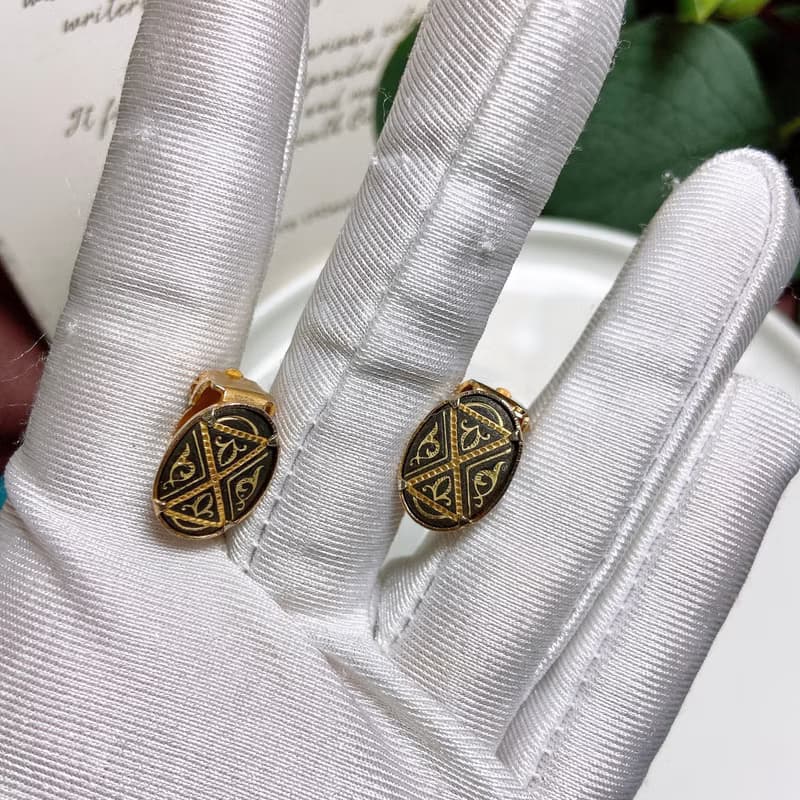【西洋古董飾品】西班牙大馬士革24K金工藝 雅緻雕花耳環耳夾