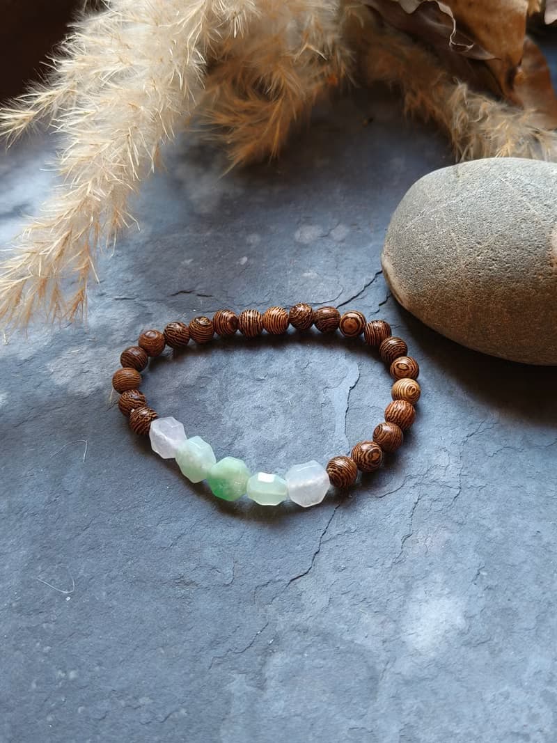 天然緬甸翡翠 冰種飄綠紫羅蘭  檀木串珠手鍊 072013