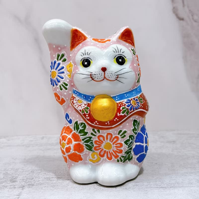 【粉牡招瑞】日本九谷燒招財貓 | 牡丹粉盛 - 4.8号