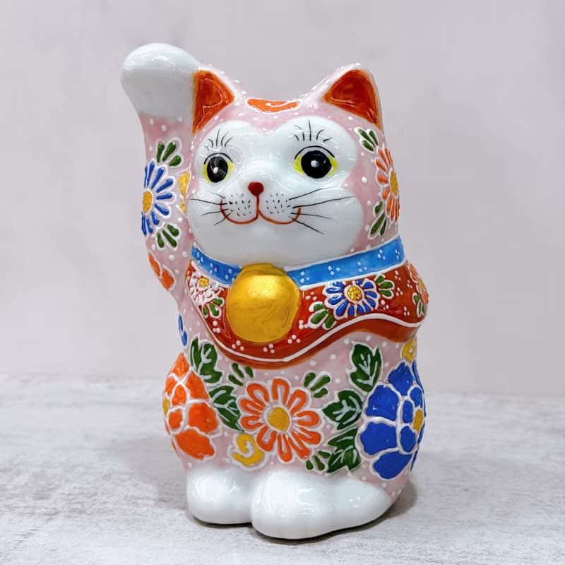 【粉牡招瑞】日本九谷燒招財貓 | 牡丹粉盛 - 4.8号
