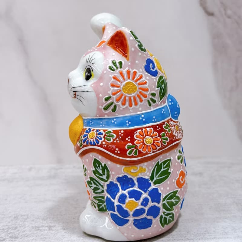 【粉牡招瑞】日本九谷燒招財貓 | 牡丹粉盛 - 4.8号