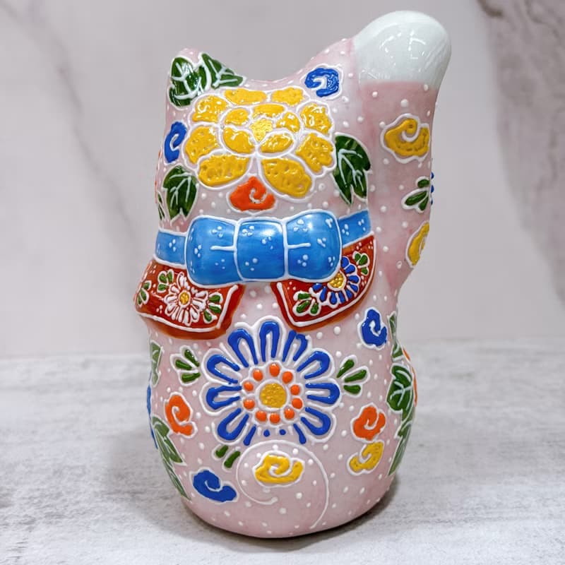 【粉牡招瑞】日本九谷燒招財貓 | 牡丹粉盛 - 4.8号