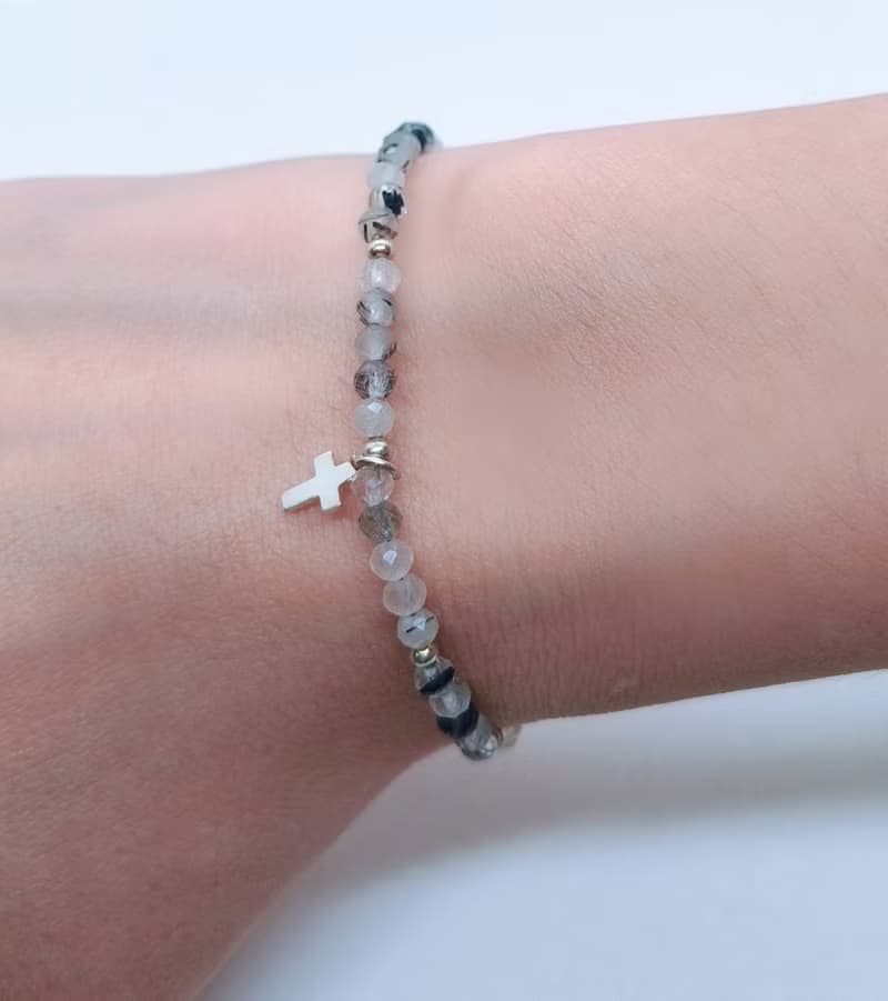 天然黑髮晶極細實心925純銀十字架手鍊/信仰