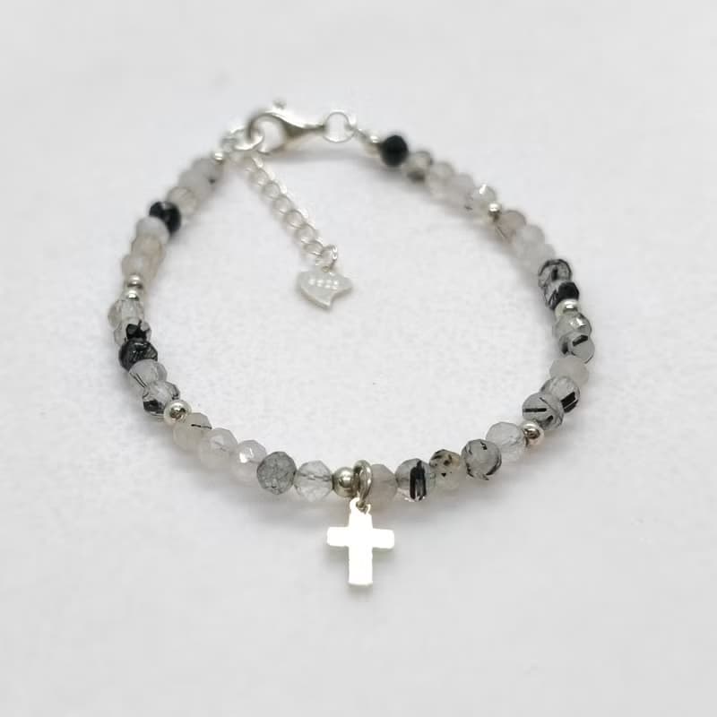 天然黑髮晶極細實心925純銀十字架手鍊/信仰