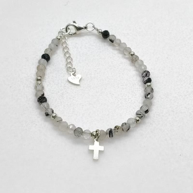 天然黑髮晶極細實心925純銀十字架手鍊/信仰