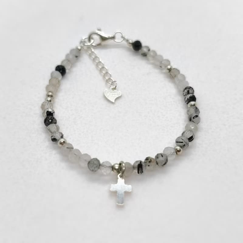 天然黑髮晶極細實心925純銀十字架手鍊/信仰