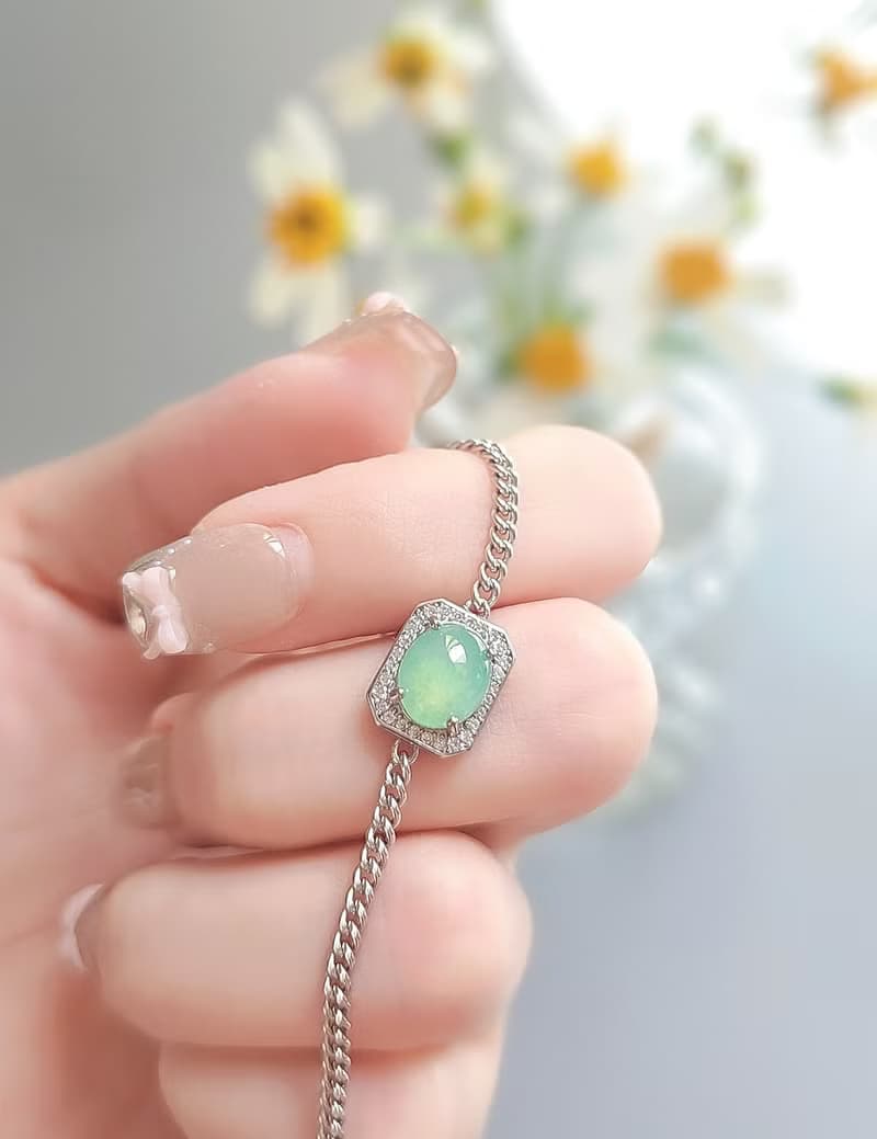 招財•健康|馬卡龍放光木那綠大蛋面|緬甸A貨翡翠純銀方糖手鏈