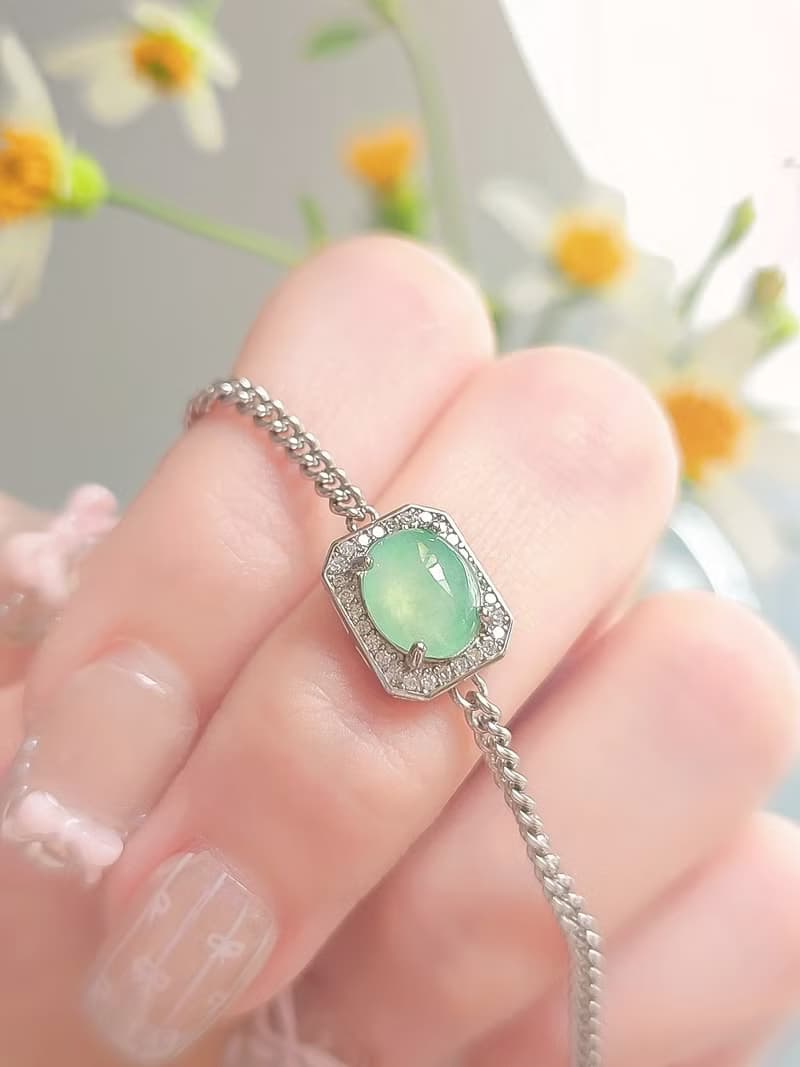招財•健康|馬卡龍放光木那綠大蛋面|緬甸A貨翡翠純銀方糖手鏈
