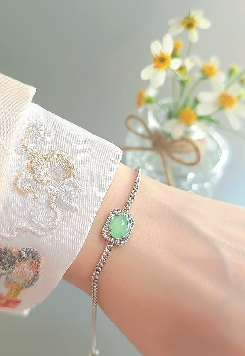 招財•健康|馬卡龍放光木那綠大蛋面|緬甸A貨翡翠純銀方糖手鏈