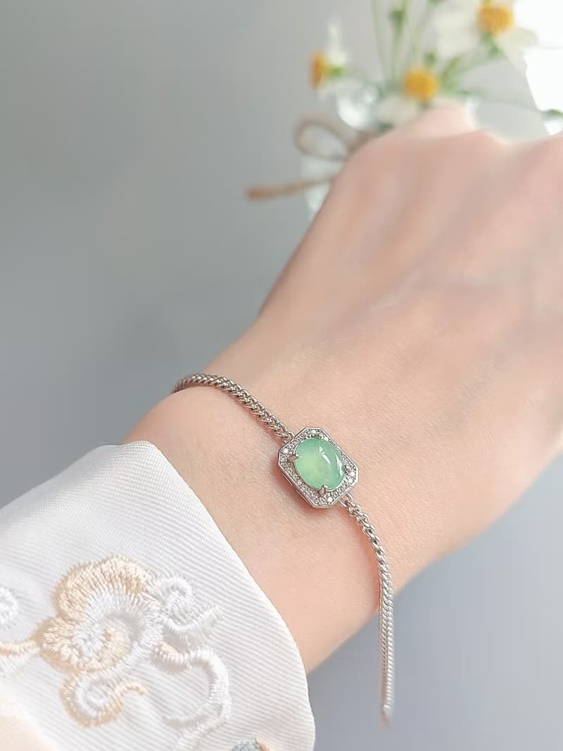 招財•健康|馬卡龍放光木那綠大蛋面|緬甸A貨翡翠純銀方糖手鏈