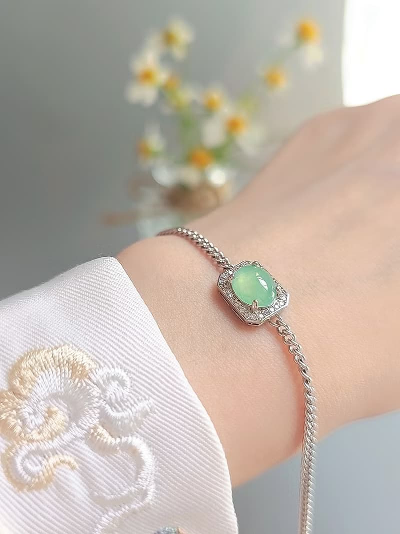 招財•健康|馬卡龍放光木那綠大蛋面|緬甸A貨翡翠純銀方糖手鏈