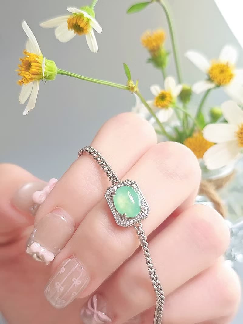 招財•健康|馬卡龍放光木那綠大蛋面|緬甸A貨翡翠純銀方糖手鏈