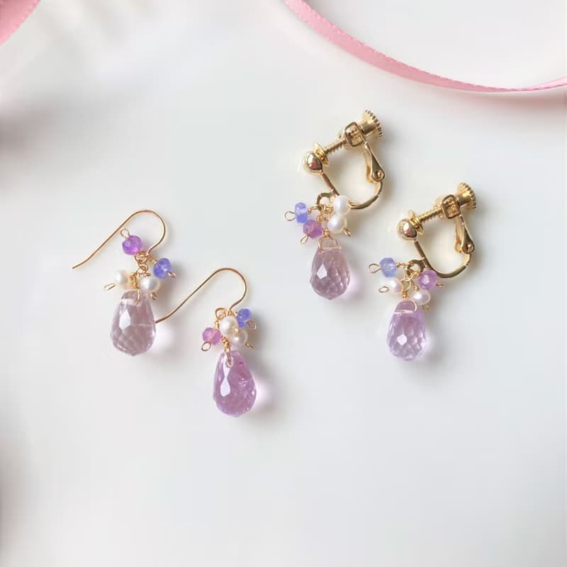 14KGF 粉紅紫水晶  坦桑石 耳環 / 耳夾 / 二月誕生石