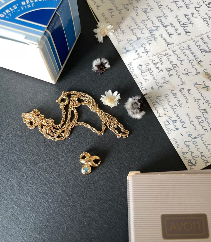 古董AVON金色三月生日石墜子 單鍊 項鍊 原裝盒 1984年