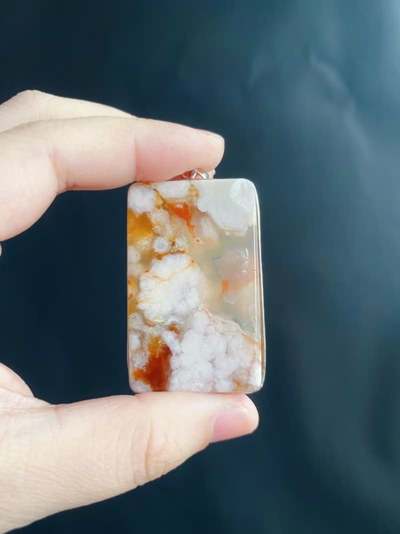 天然 櫻花瑪瑙 牛血紅帶焦糖黃 項鍊 S925銀鑲 禮物 生日