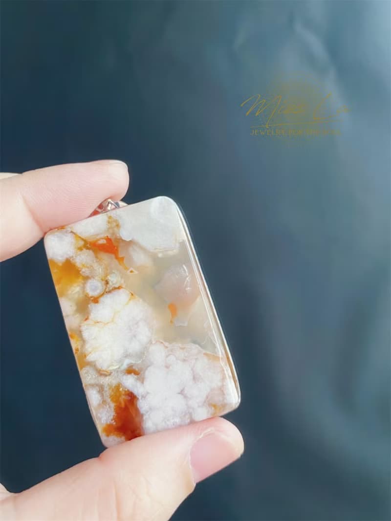 天然 櫻花瑪瑙 牛血紅帶焦糖黃 項鍊 S925銀鑲 禮物 生日