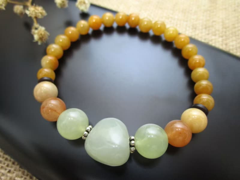 手鍊 珠串設計 新疆青白玉+紅瑪瑙+岫玉+東菱玉+銀