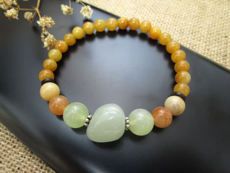 手鍊 珠串設計 新疆青白玉+紅瑪瑙+岫玉+東菱玉+銀