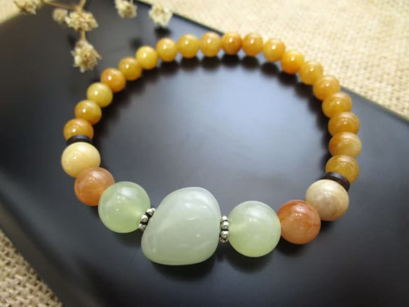 手鍊 珠串設計 新疆青白玉+紅瑪瑙+岫玉+東菱玉+銀