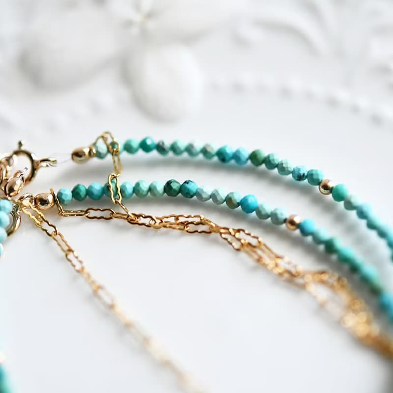 人生の守護石 ターコイズと波チェーンの2連ブレスレット 12月誕生石
