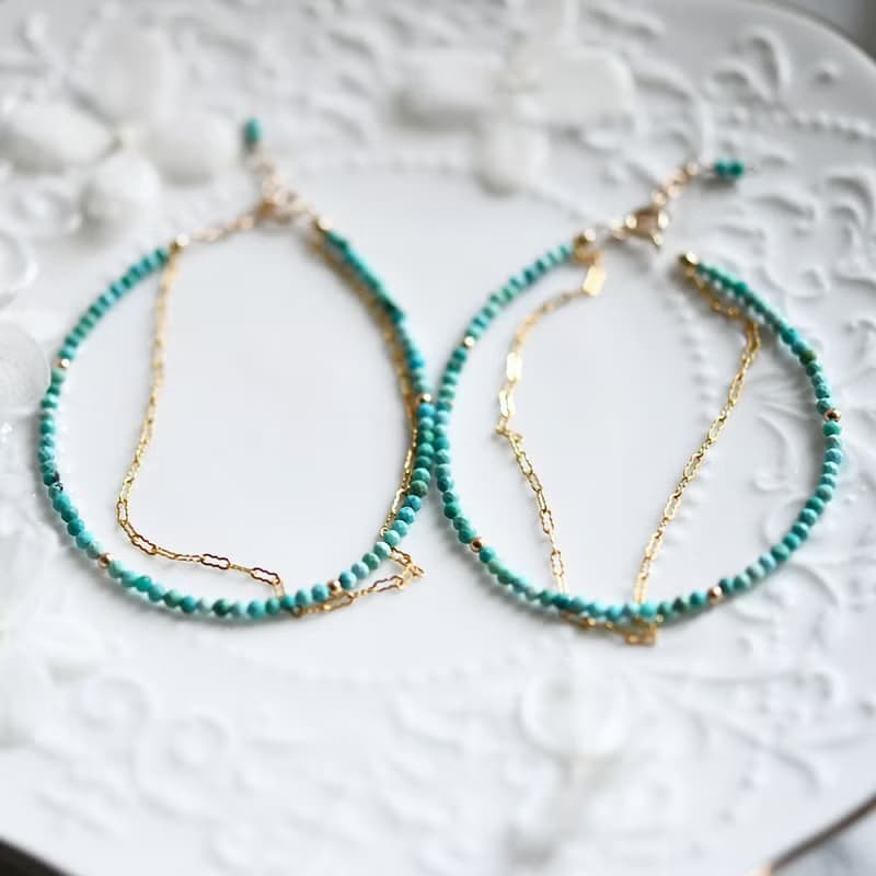 人生の守護石 ターコイズと波チェーンの2連ブレスレット 12月誕生石