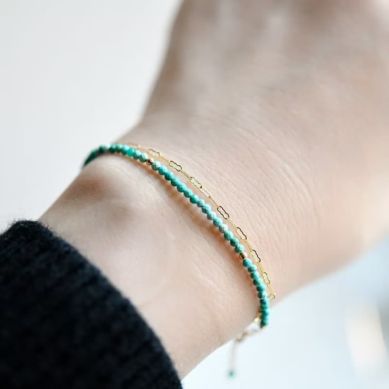 人生の守護石 ターコイズと波チェーンの2連ブレスレット 12月誕生石