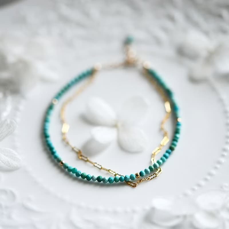 人生の守護石 ターコイズと波チェーンの2連ブレスレット 12月誕生石
