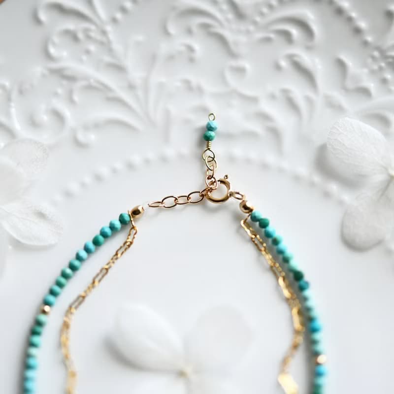 人生の守護石 ターコイズと波チェーンの2連ブレスレット 12月誕生石