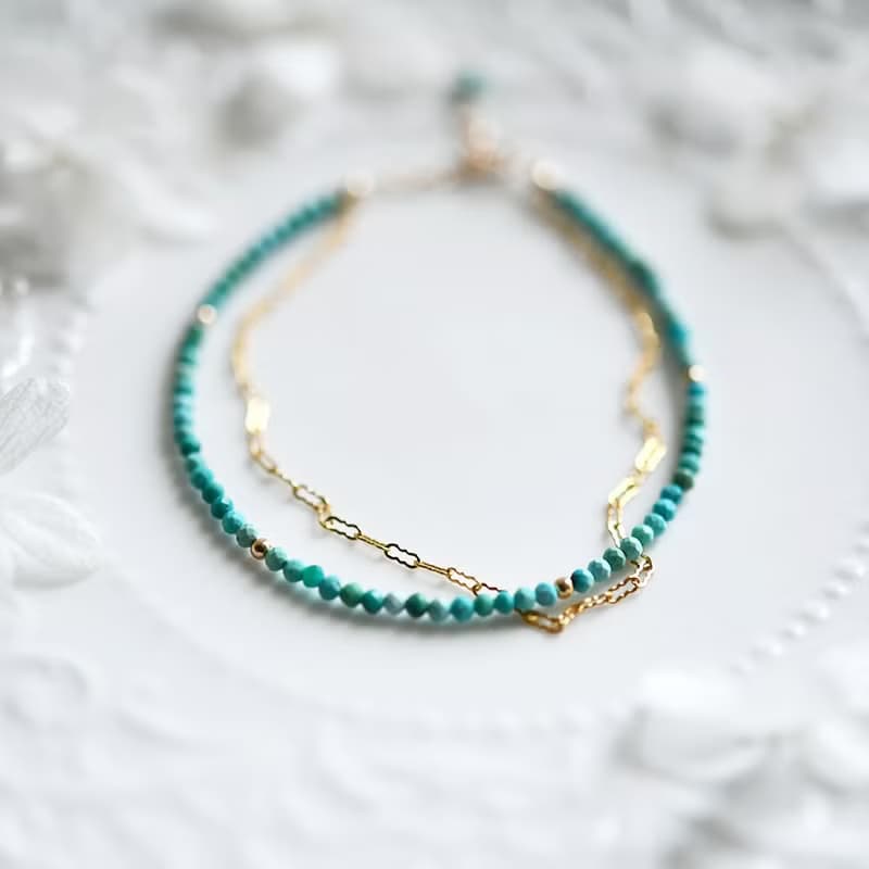 人生の守護石 ターコイズと波チェーンの2連ブレスレット 12月誕生石
