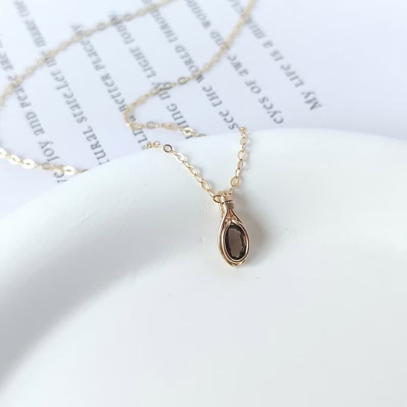 茶晶吊墜 水晶鎖骨鏈 小顆天然石吊墜 14k包金項鍊墜精緻迷你墜子