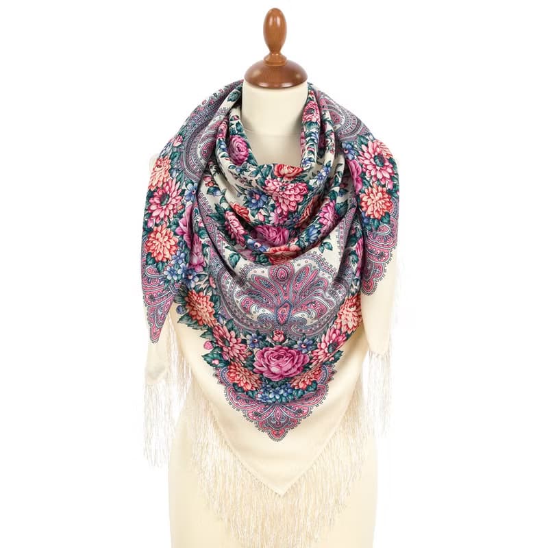 Pavlovo Posad Russian Shawl 100% Wool Scarf 125x125 cm Wrap Silk Fringe 2036-3