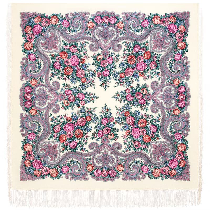 Pavlovo Posad Russian Shawl 100% Wool Scarf 125x125 cm Wrap Silk Fringe 2036-3