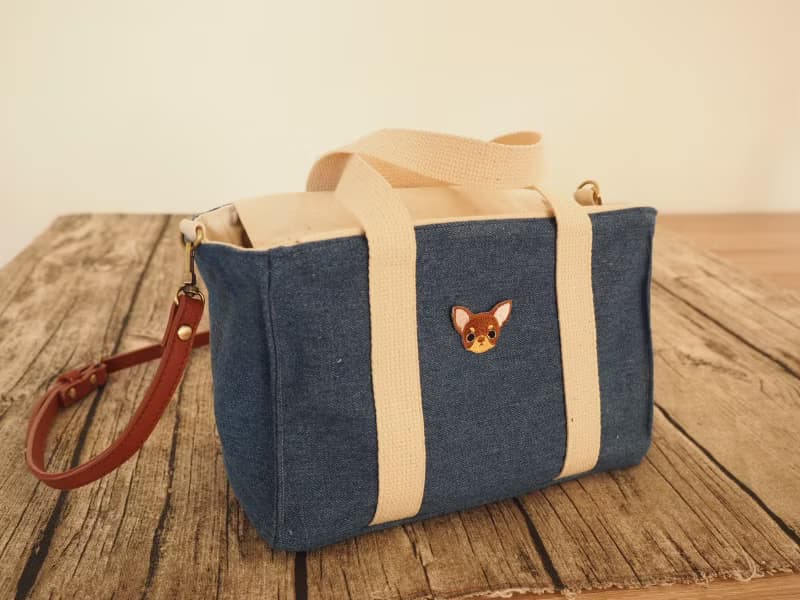 手工縫製托特側肩包帆布小手袋 牛仔布可愛芝娃娃刺繡 可拆調