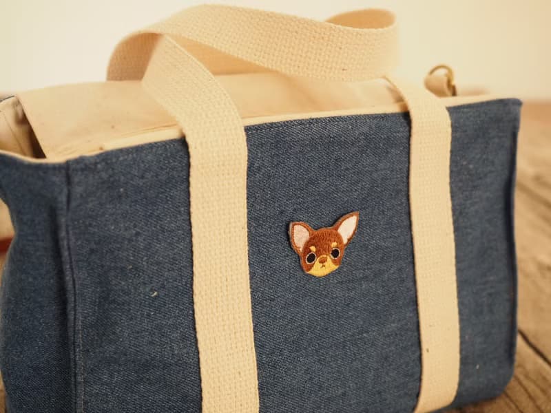 手工縫製托特側肩包帆布小手袋 牛仔布可愛芝娃娃刺繡 可拆調