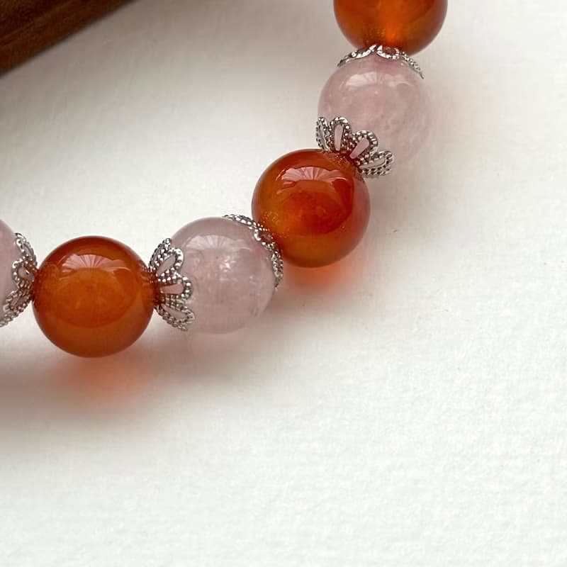 【巨蟹獅子天秤天蠍座|7月10月】紅瑪瑙粉晶花鍍銀手鏈 鼓勵 桃花